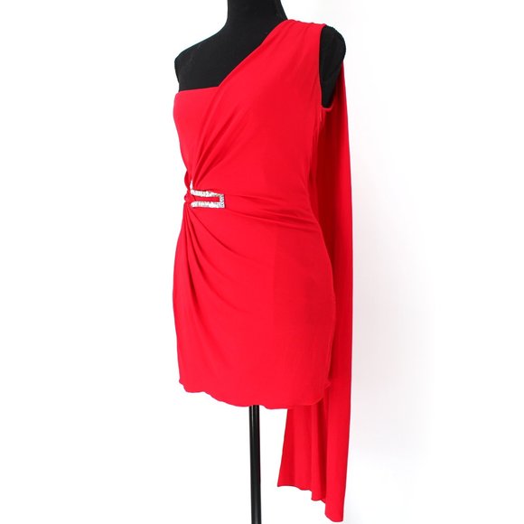 Gianni Versace Red One Shoulder Draping Scarf Embellished Mini Dress 42 US 4 6 - Picture 4 of 11